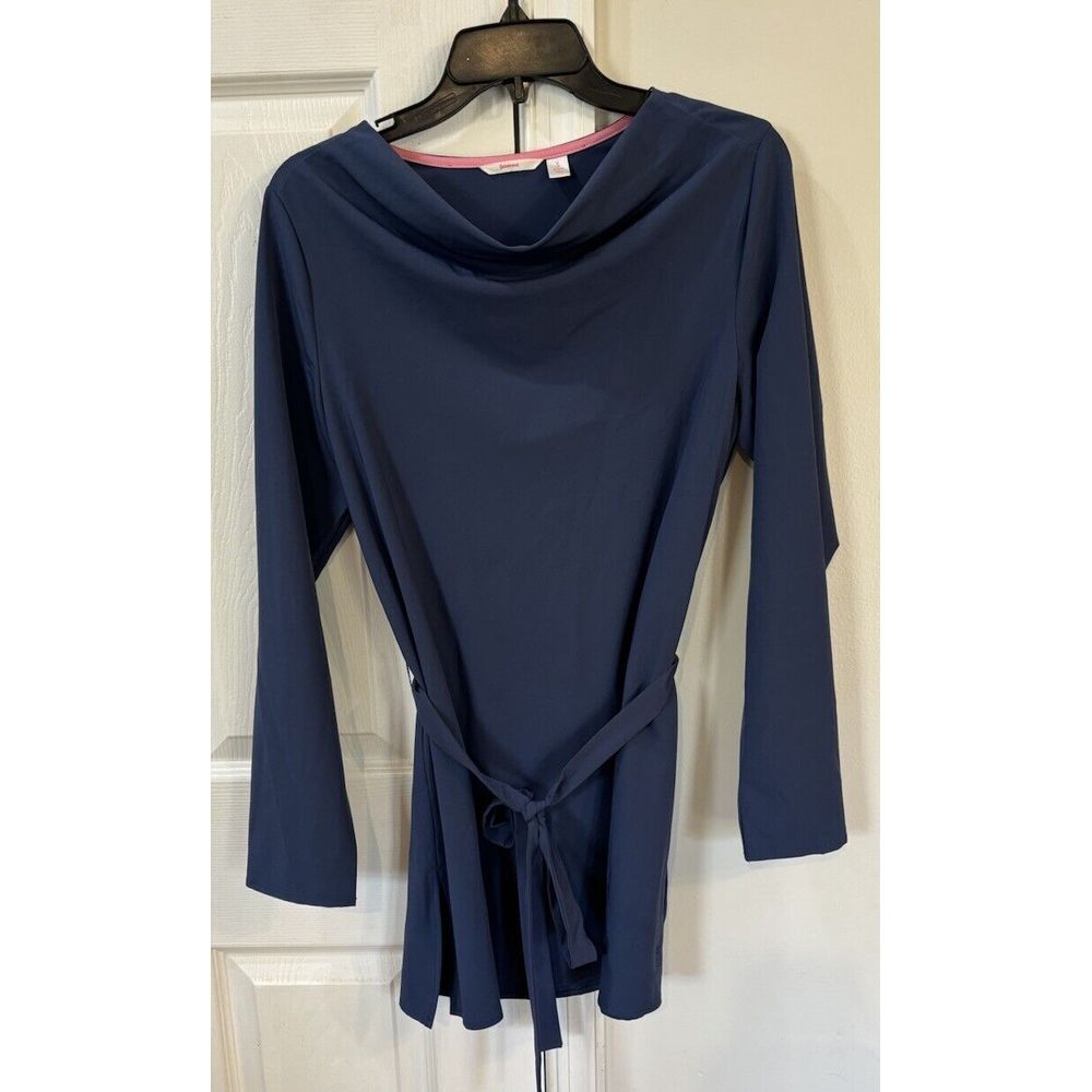 Betabrand Blue Age Defier Tunic Blouse Long Sleeve Belted Shirt Women's Sz S